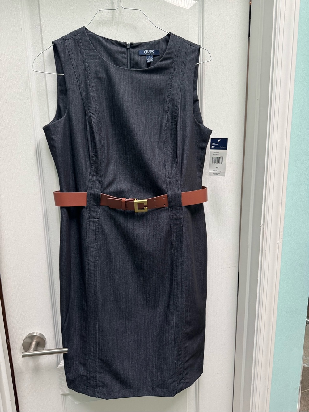 NWT Chaps Sleeveless Navy Denim Look Sheath Dress with Belt